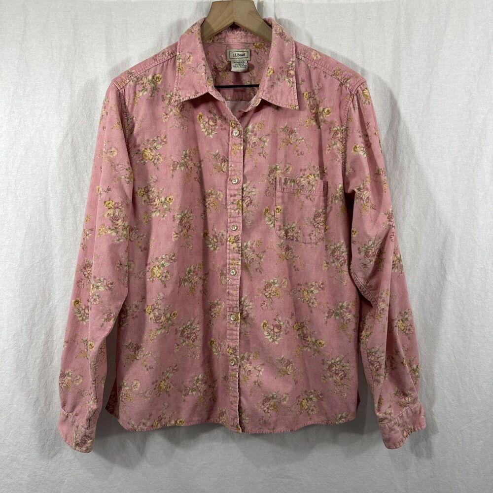 LL Bean Pink Floral Cotton Corduroy Button Shirt Womens Sz XL Country Outdoors